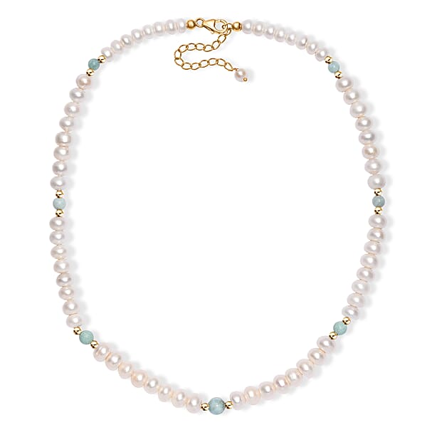 Freshwater Pearl And Larimar 10.00 Ctw Necklace 18 Inches In 18K Vermeil Yellow Gold Over Sterling Silver
