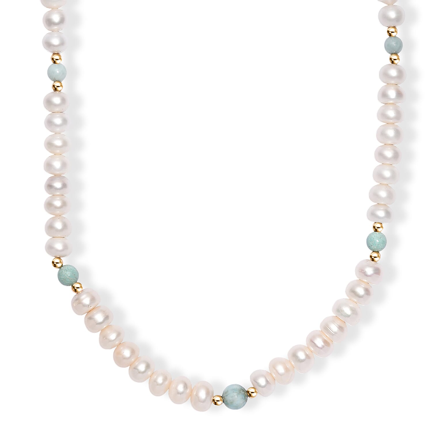 Freshwater Pearl and Larimar 10.00 ctw Necklace 18 Inches in 18K Vermeil Yellow Gold Over Sterling Silver