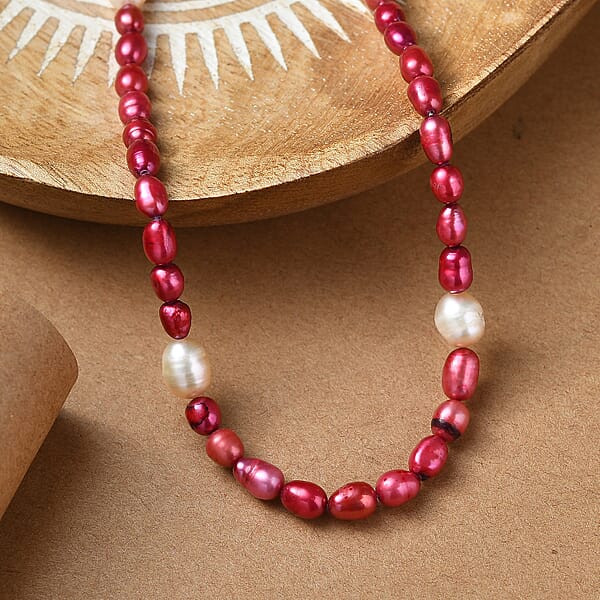 Freshwater Pearl And Red Dyed Freshwater Pearl Necklace In Stainless Steel 18 Inches