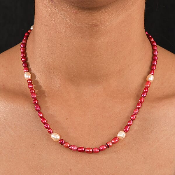 Freshwater Pearl And Red Dyed Freshwater Pearl Necklace In Stainless Steel 18 Inches