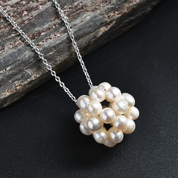 Freshwater Pearl Floral Necklace In Rhodium Over Sterling Silver 20 Inches