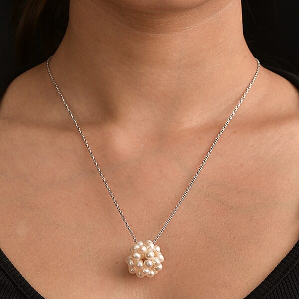 Freshwater Pearl Floral Necklace In Rhodium Over Sterling Silver 20 Inches