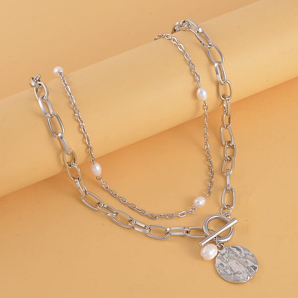 Freshwater Pearl Set Of 2 Station And Paper Clip Chain Necklace Inches In Silvertone 20 & 22