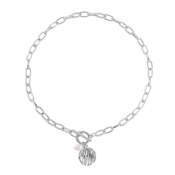 Freshwater Pearl Set Of 2 Station And Paper Clip Chain Necklace Inches In Silvertone 20 & 22