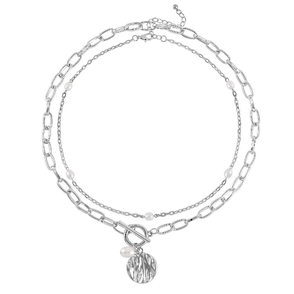 Freshwater Pearl Set of 2 Station and Paper Clip Chain Necklace Inches in Silvertone 20 & 22