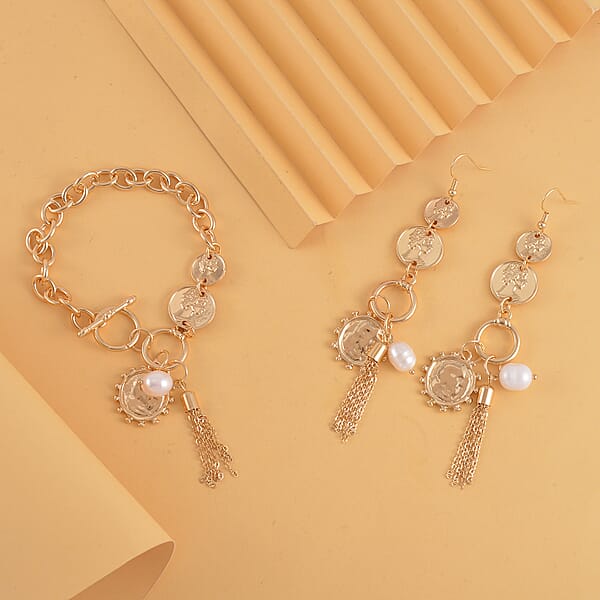 Freshwater Pearl Toggle Clasp Bracelet (7.50In) And Dangle Earrings In Goldtone