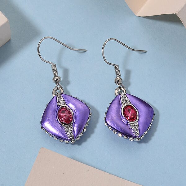 Fuchsia And White Austrian Crystal Drop Earrings In Silvertone