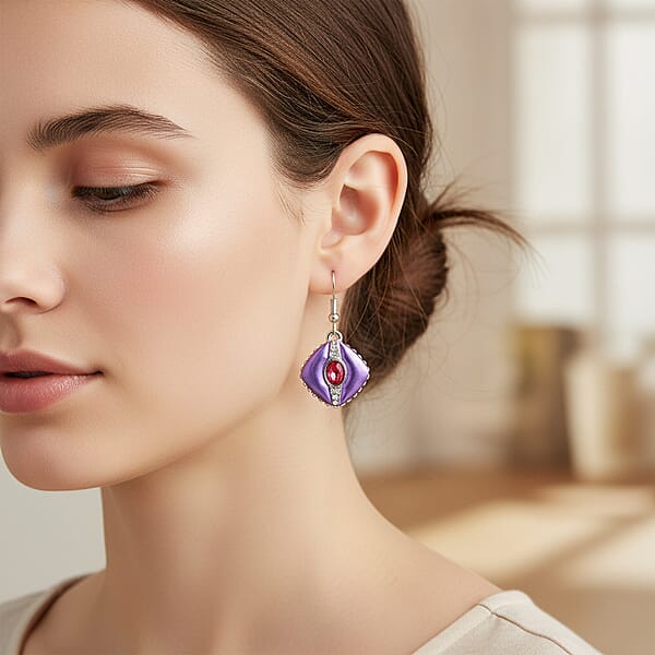 Fuchsia And White Austrian Crystal Drop Earrings In Silvertone