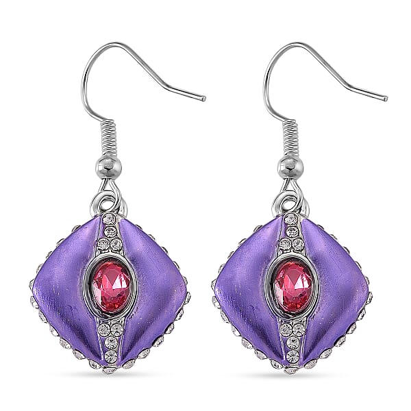 Fuchsia And White Austrian Crystal Drop Earrings In Silvertone