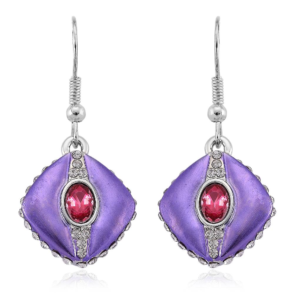 Fuchsia and White Austrian Crystal Drop Earrings in Silvertone