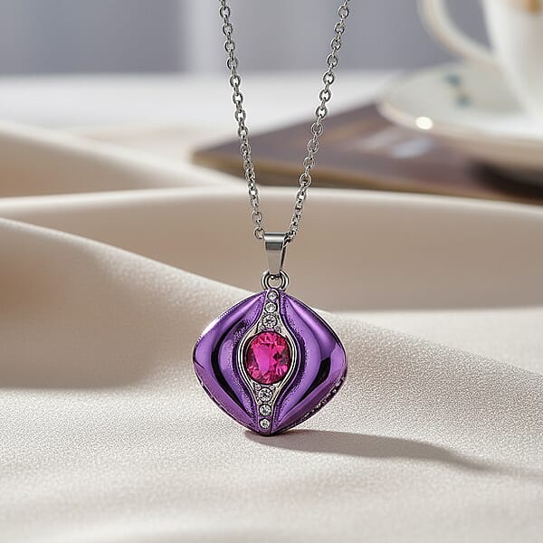 Fuchsia Glass Austrian Crystal Enameled Pendant Necklace In Stainless Steel (20 Inches)
