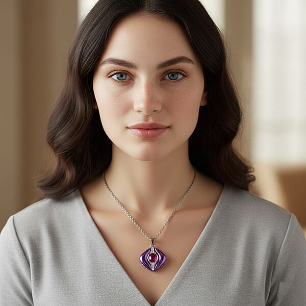 Fuchsia Glass Austrian Crystal Enameled Pendant Necklace In Stainless Steel (20 Inches)