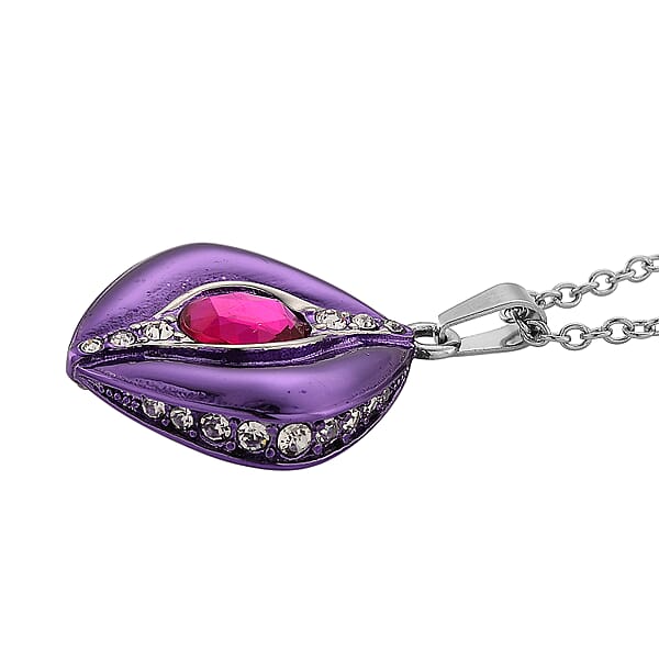 Fuchsia Glass Austrian Crystal Enameled Pendant Necklace In Stainless Steel (20 Inches)