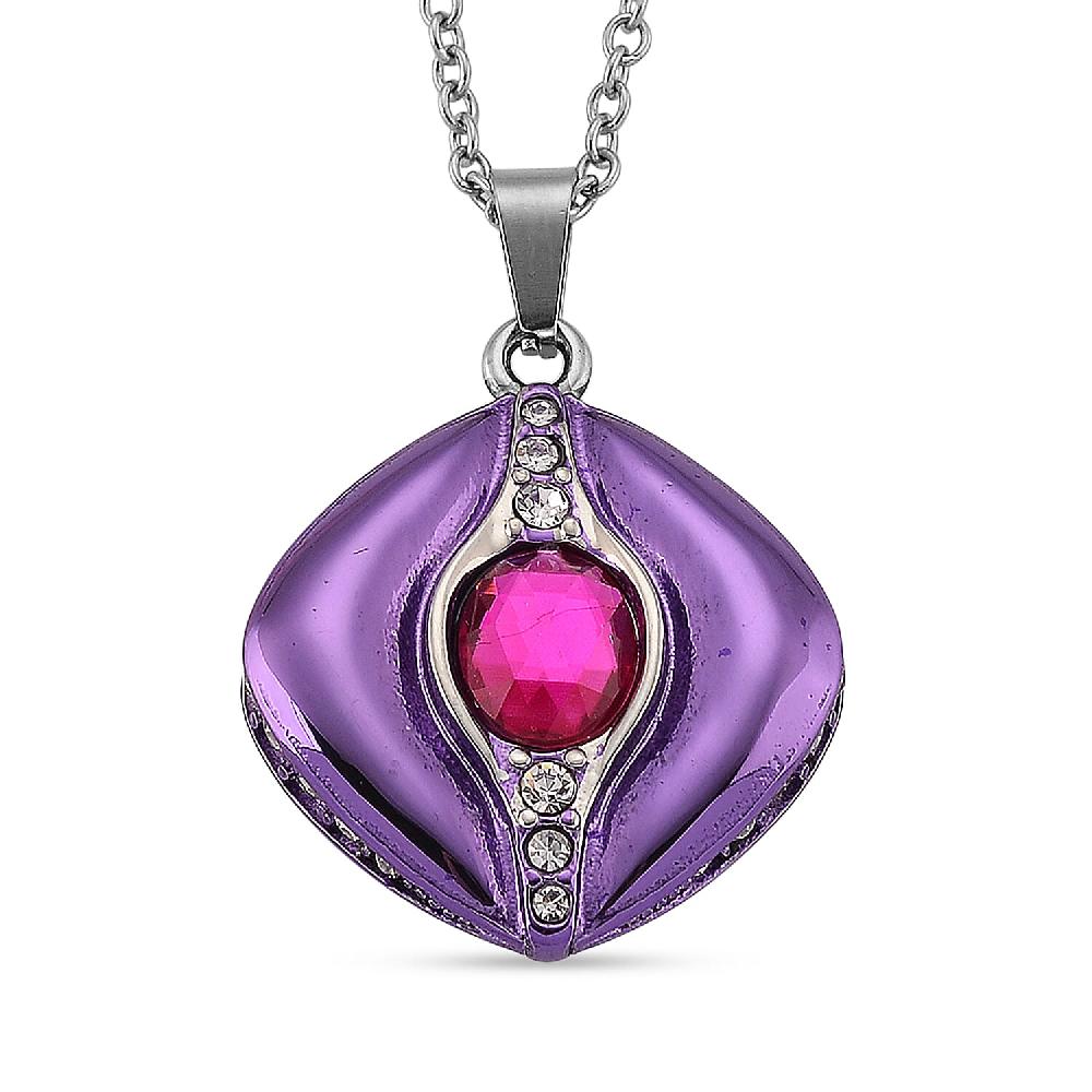 Fuchsia Glass Austrian Crystal Enameled Pendant Necklace in Stainless Steel (20 Inches)