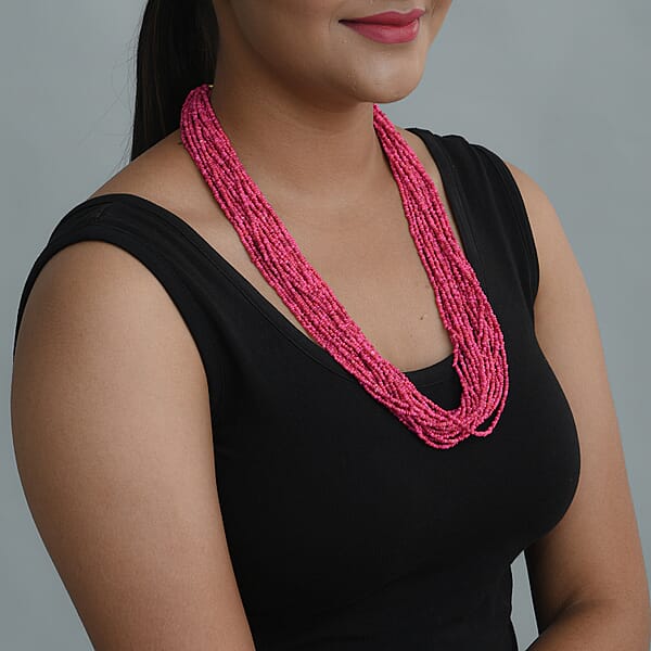 Fuchsia Seed Beaded Multi Strand Necklace (24 Inches) In Goldtone