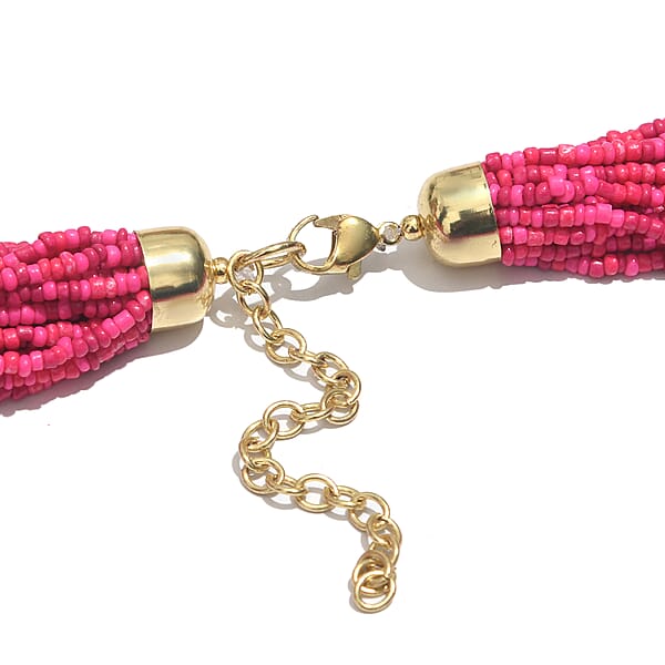 Fuchsia Seed Beaded Multi Strand Necklace (24 Inches) In Goldtone