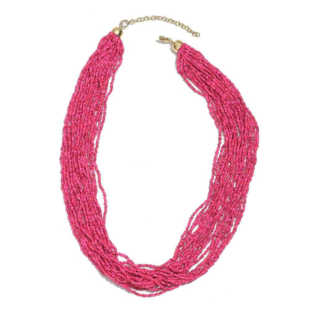 Fuchsia Seed Beaded Multi Strand Necklace (24 Inches) in Goldtone
