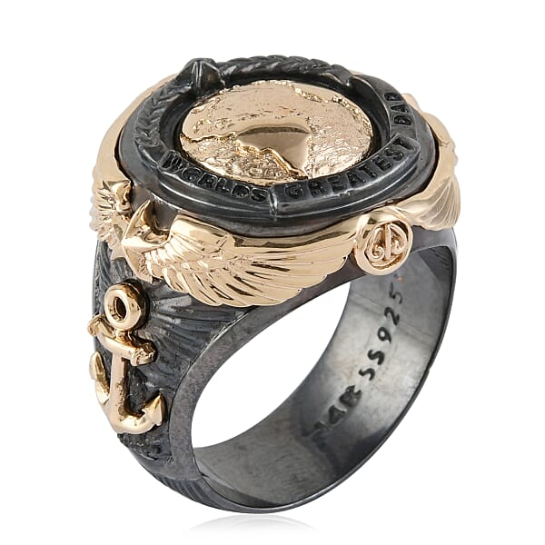 Galatea EI Capitan Collection 14K Yellow Gold And Black Rhodium Sterling Silver World's Greatest Dad Ring 18.30 Grams