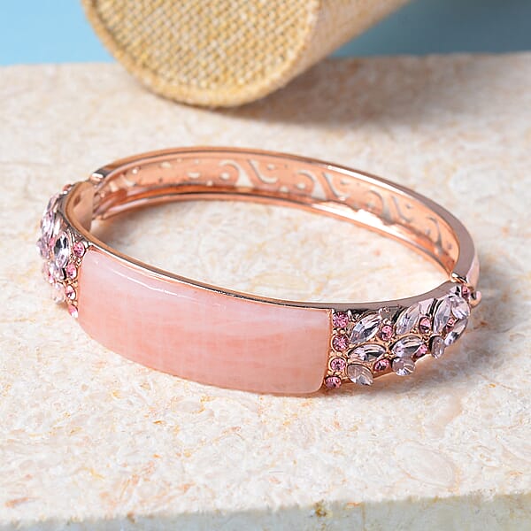 Galilea Rose Quartz 20.00 Ctw Pink Glass And Pink Austrian Crystal Bangle Bracelet In Rosetone (7.50 In)