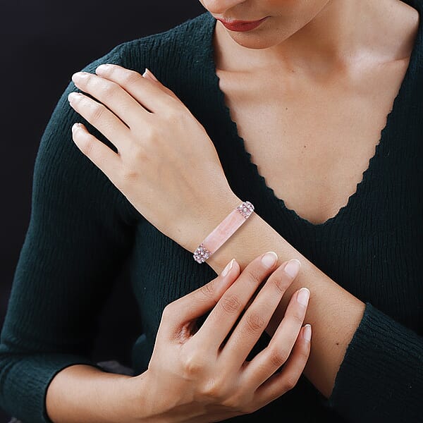 Galilea Rose Quartz 20.00 Ctw Pink Glass And Pink Austrian Crystal Bangle Bracelet In Rosetone (7.50 In)
