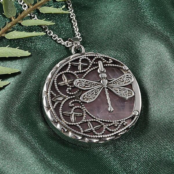 Galilea Rose Quartz 55.00 Ctw Dragonfly Pendant Necklace In Black Oxidized Stainless Steel 20 Inches