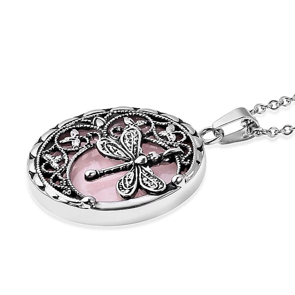 Galilea Rose Quartz 55.00 Ctw Dragonfly Pendant Necklace In Black Oxidized Stainless Steel 20 Inches