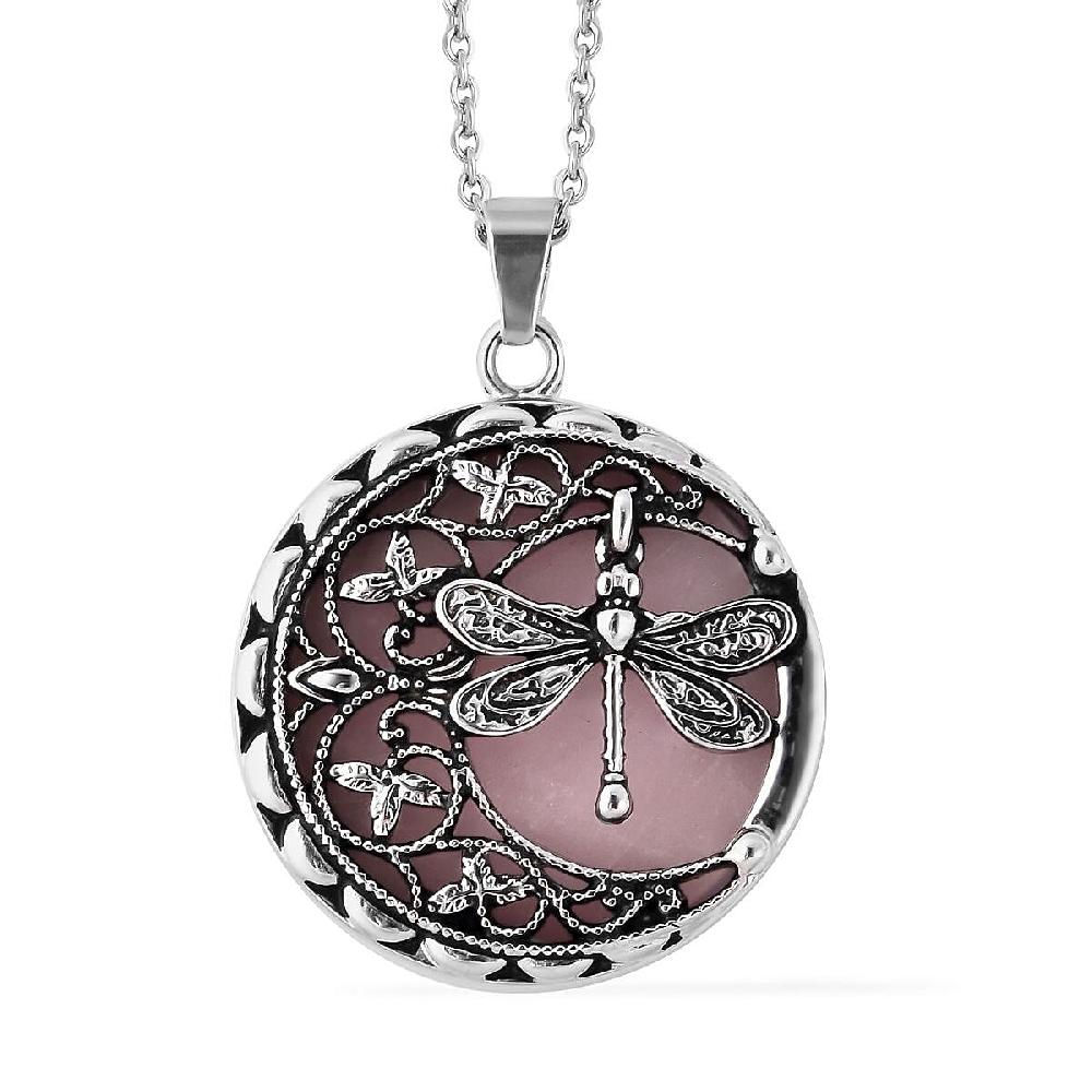 Galilea Rose Quartz 55.00 ctw Dragonfly Pendant Necklace in Black Oxidized Stainless Steel 20 Inches