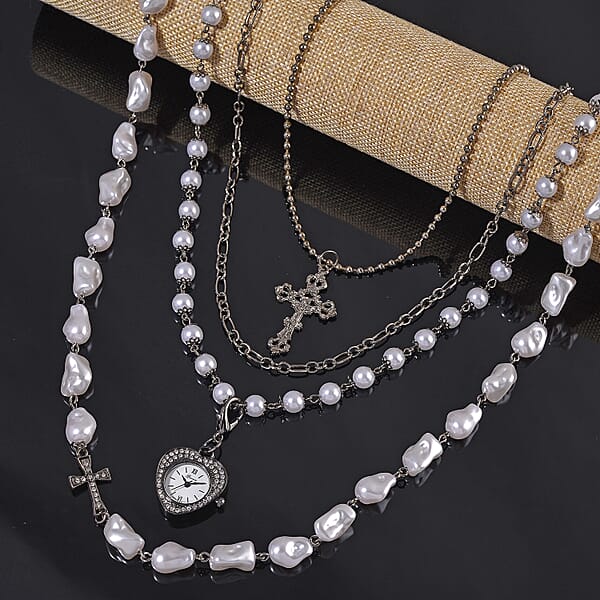 Genoa Austrian Crystal And Simulated Pearl Japanese Movement Pocket Watch With 4 Layer Chain (17 24 And 34 Inches)