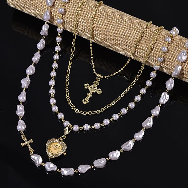 Genoa Austrian Crystal And Simulated Pearl Japanese Movement Pocket Watch With 4 Layer Chain (17 24 And 34 Inches)
