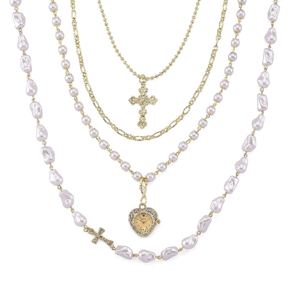 Genoa Austrian Crystal and Simulated Pearl Japanese Movement Pocket Watch with 4 Layer Chain (17 24 and 34 Inches)