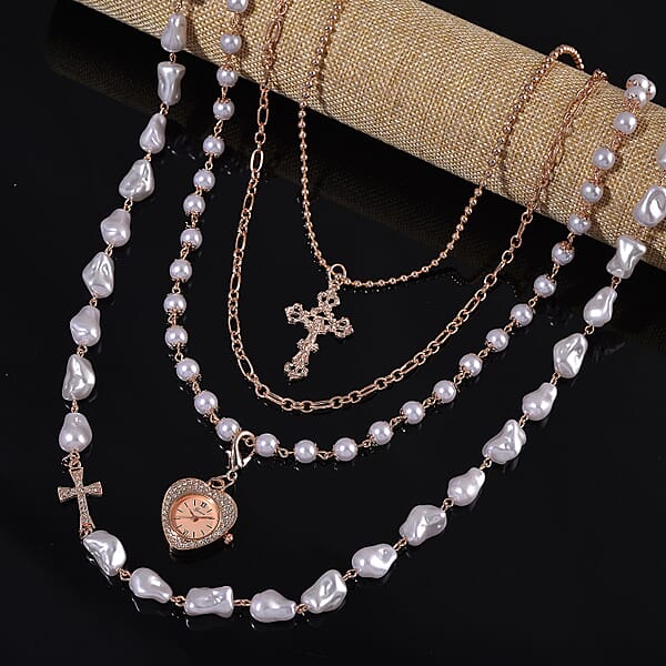 Genoa Austrian Crystal And Simulated Pearl Japanese Movement Pocket Watch With 4 Layer Chain (17 24 And 34 Inches)