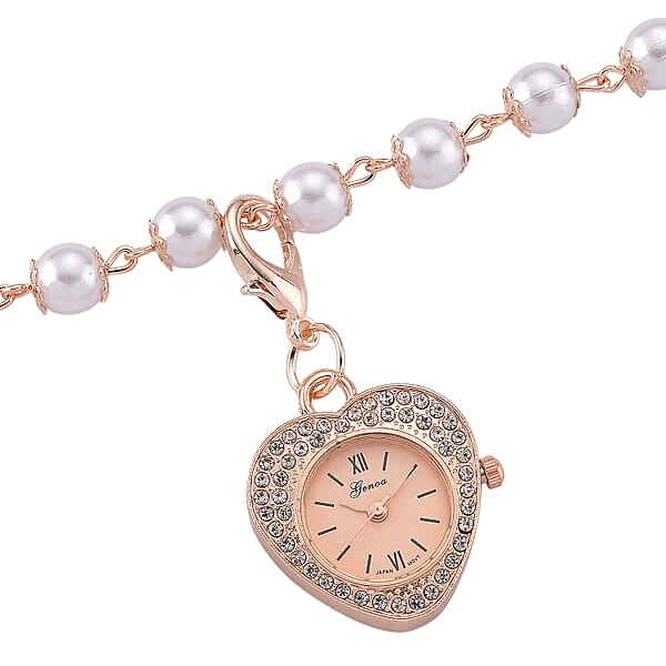 Genoa Austrian Crystal And Simulated Pearl Japanese Movement Pocket Watch With 4 Layer Chain (17 24 And 34 Inches)
