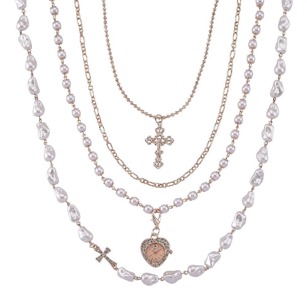 Genoa Austrian Crystal and Simulated Pearl Japanese Movement Pocket Watch with 4 Layer Chain (17 24 and 34 Inches)