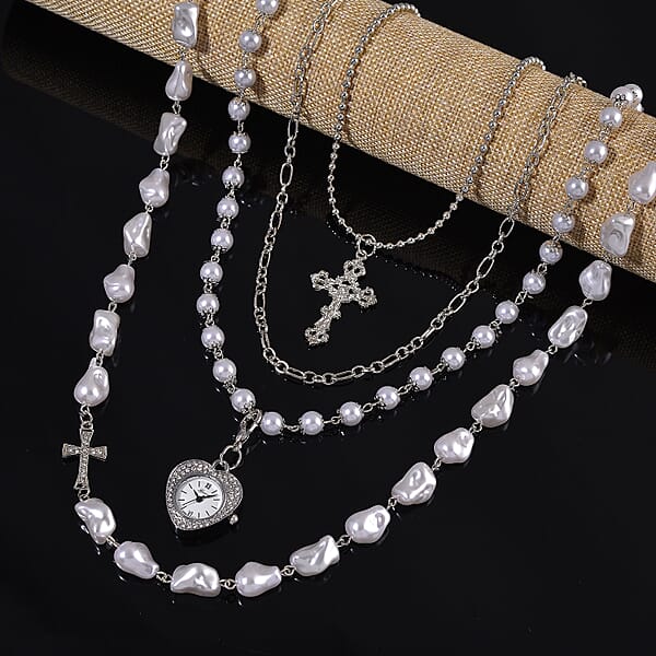 Genoa Austrian Crystal And Simulated Pearl Japanese Movement Pocket Watch With 4 Layer Chain (17 24 And 34 Inches)