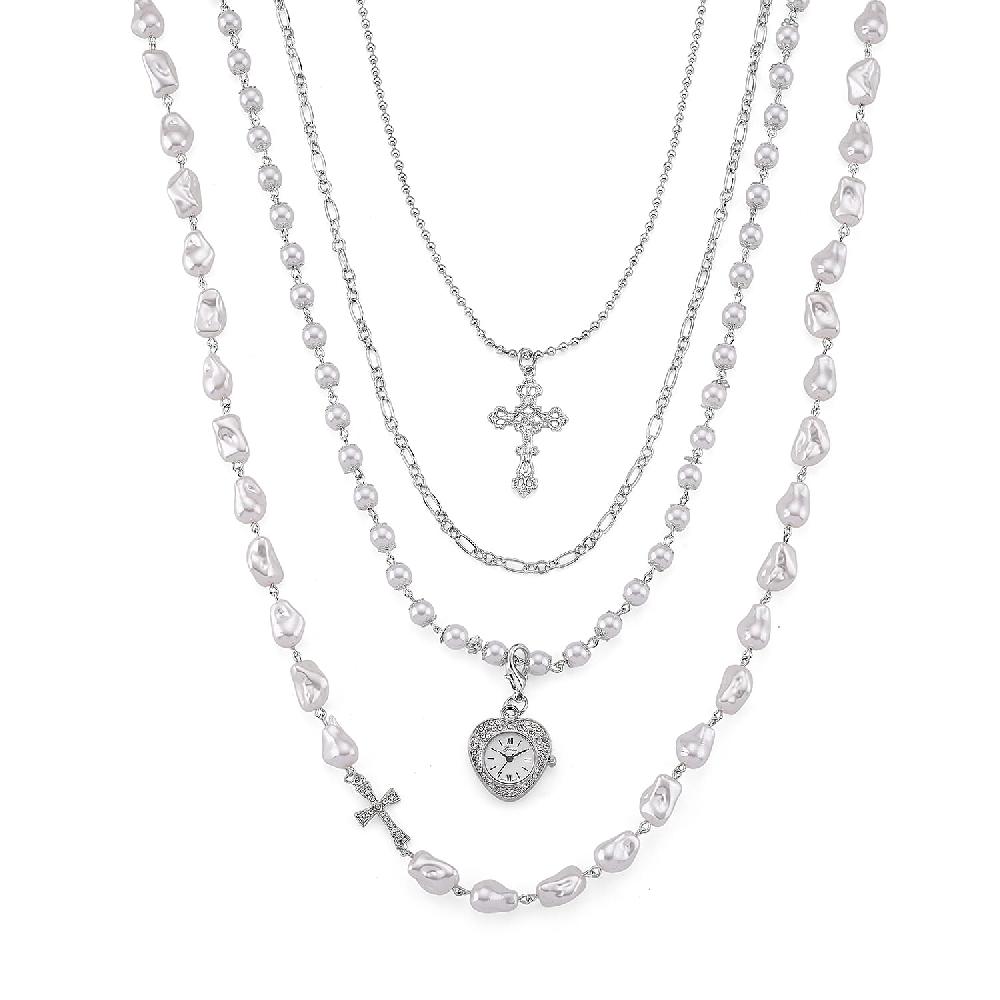 Genoa Austrian Crystal and Simulated Pearl Japanese Movement Pocket Watch with 4 Layer Chain (17 24 and 34 Inches)