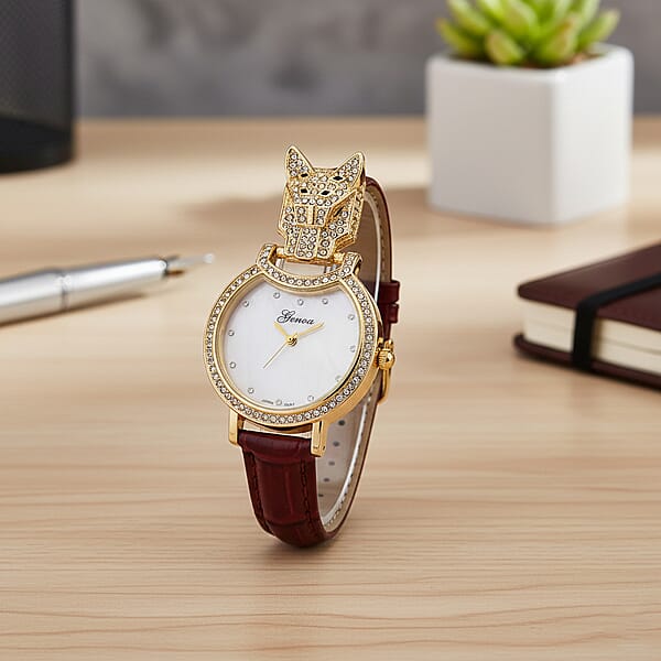 Genoa Austrian Crystal Black Enameled Miyota Japanese Movement Leopard Head Watch With Wine Red Leather Strap