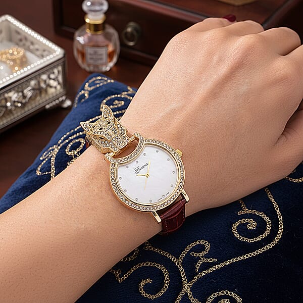 Genoa Austrian Crystal Black Enameled Miyota Japanese Movement Leopard Head Watch With Wine Red Leather Strap