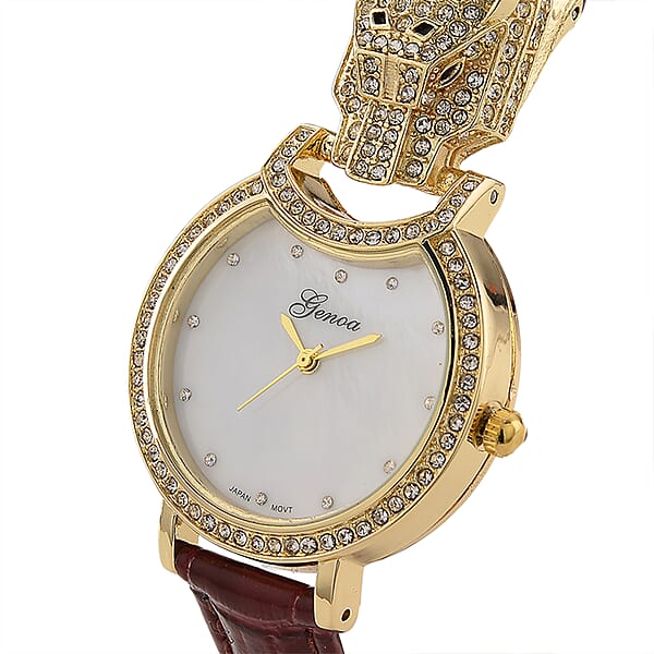 Genoa Austrian Crystal Black Enameled Miyota Japanese Movement Leopard Head Watch With Wine Red Leather Strap
