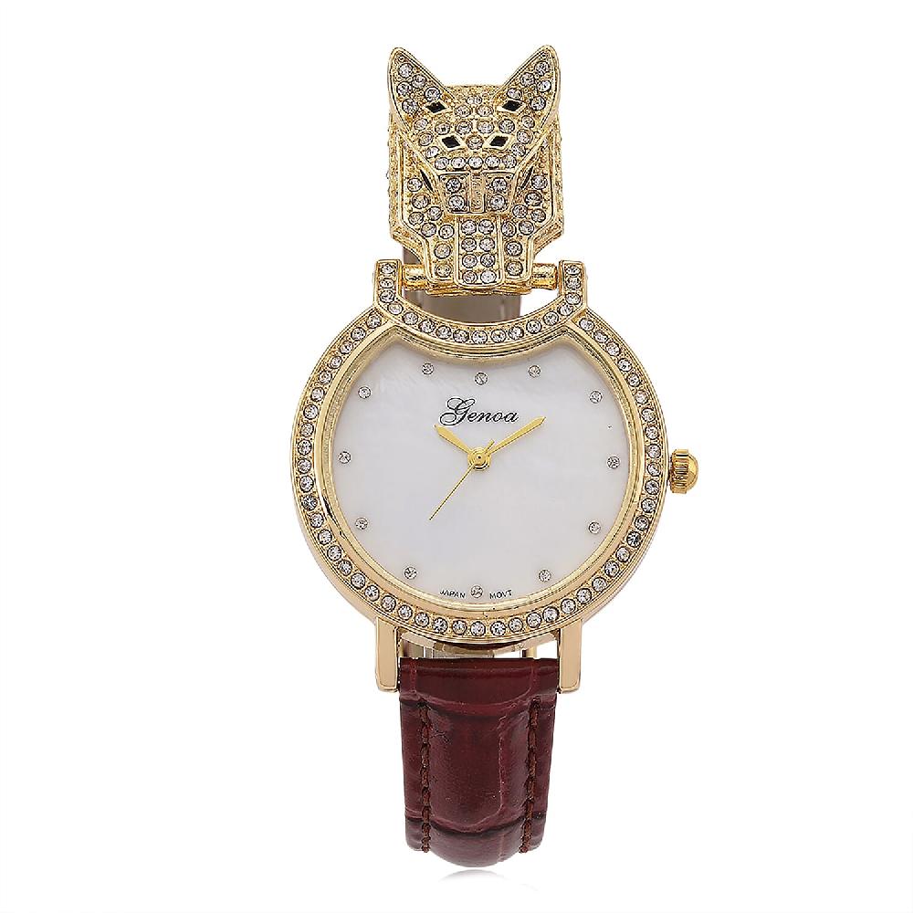 Genoa Austrian Crystal Black Enameled Miyota Japanese Movement Leopard Head Watch with Wine Red Leather Strap