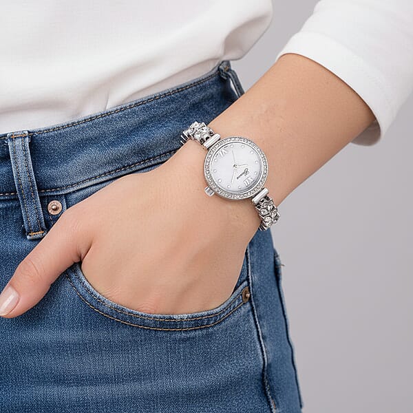 Genoa Austrian Crystal Japanese Movement MOP Dail Watch In Silvertone