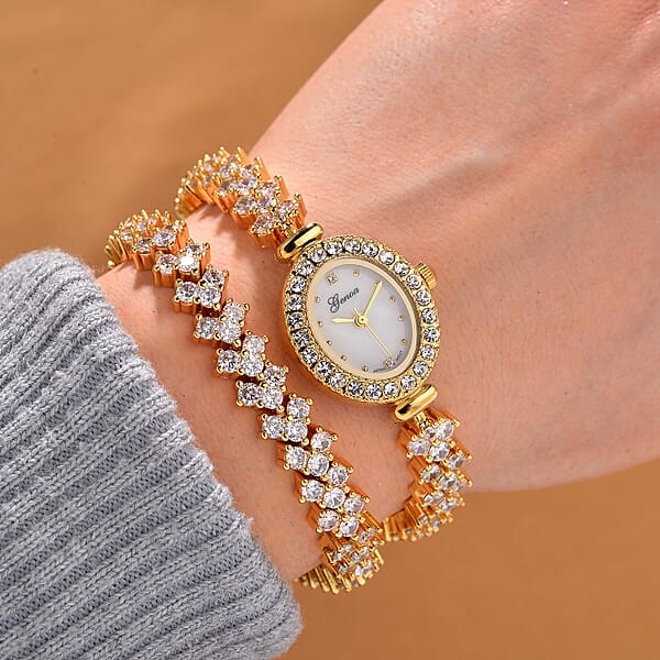 Genoa Austrian Crystal Japanese Movement Oval Dail Bracelet Watch In Goldtone