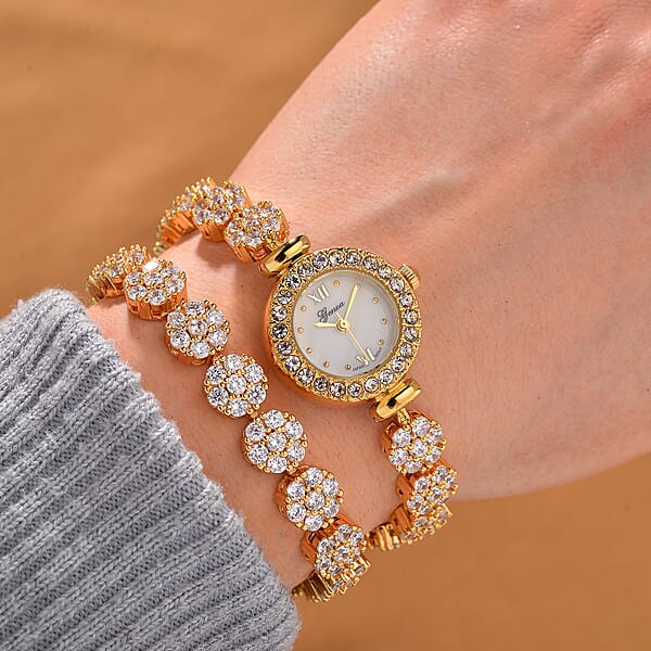 Genoa Austrian Crystal Japanese Movement Round Dail Bracelet Watch In Goldtone