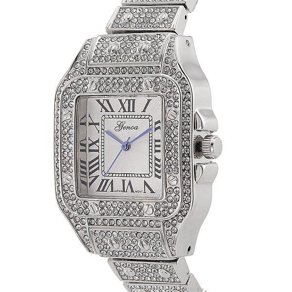 Genoa Austrian Crystal Japanese Movement Watch In Silvertone With Stainless Steel Butterfly Buckle