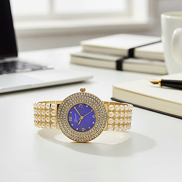 Genoa Austrian Crystal Simulated Pearl Japanese Movement Blue Dail Watch In Goldtone