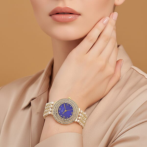 Genoa Austrian Crystal Simulated Pearl Japanese Movement Blue Dail Watch In Goldtone