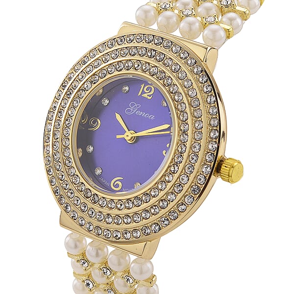 Genoa Austrian Crystal Simulated Pearl Japanese Movement Blue Dail Watch In Goldtone