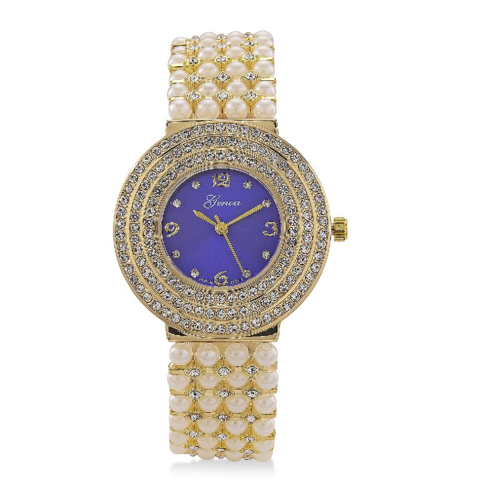 Genoa Austrian Crystal Simulated Pearl Japanese Movement Blue Dail Watch in Goldtone