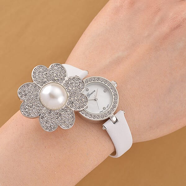 Genoa Austrian Crystal Simulated Pearl Miyota Japanese Movement Watch In White Leather Strap