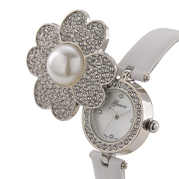 Genoa Austrian Crystal Simulated Pearl Miyota Japanese Movement Watch In White Leather Strap