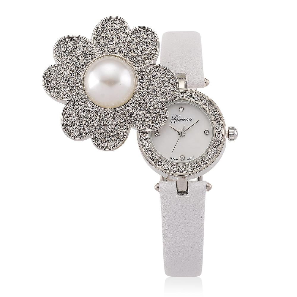 Genoa Austrian Crystal Simulated Pearl Miyota Japanese Movement Watch in White Leather Strap
